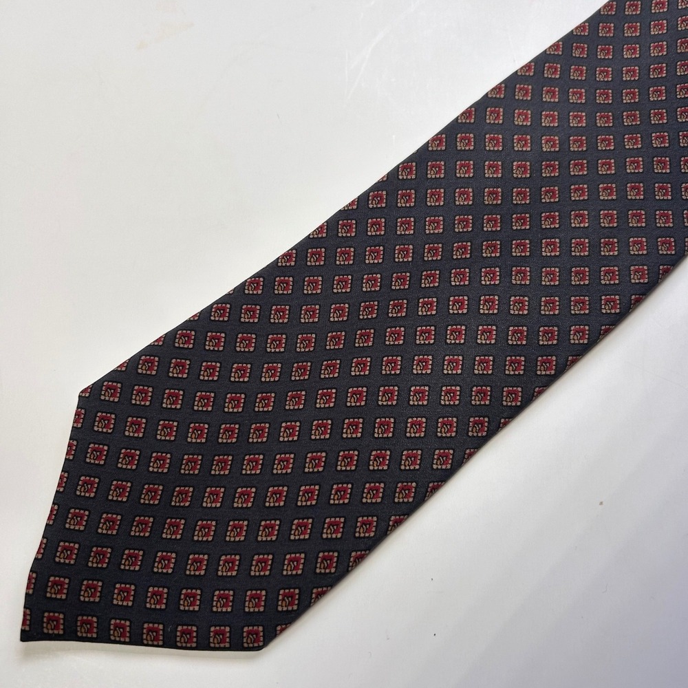 Vintage Halston Italy Silk Tie Mens Geometric Diamond Pattern Red Gold Navy‎
